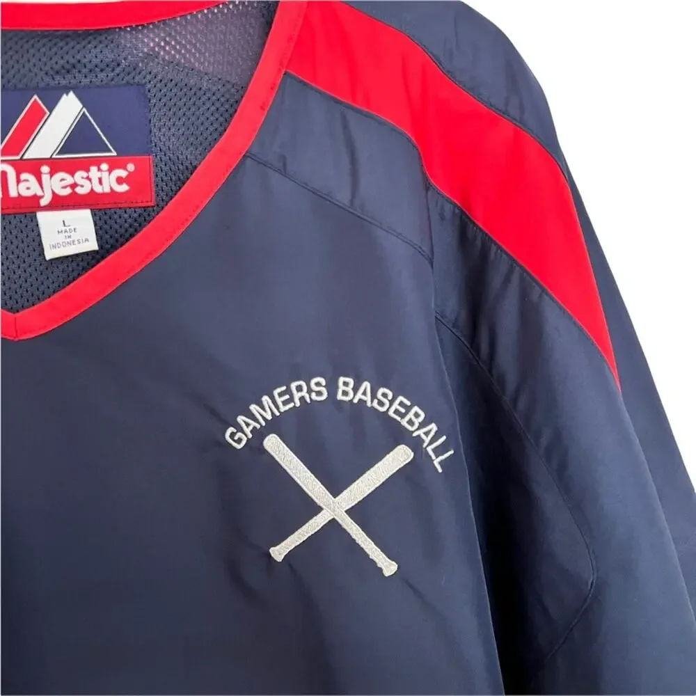 Vtg Majestic Baseball Top Warm Up Pullover Gamers Short Sleeved Blue Red Size L